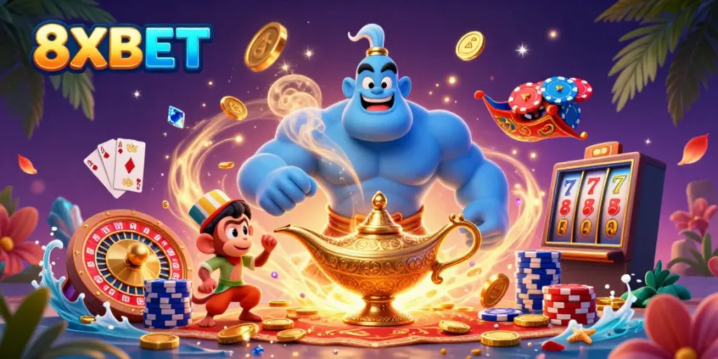 Experience exciting wins at 8XBET with a vibrant scene of a magical genie, poker chips, and plenty of roulette action.