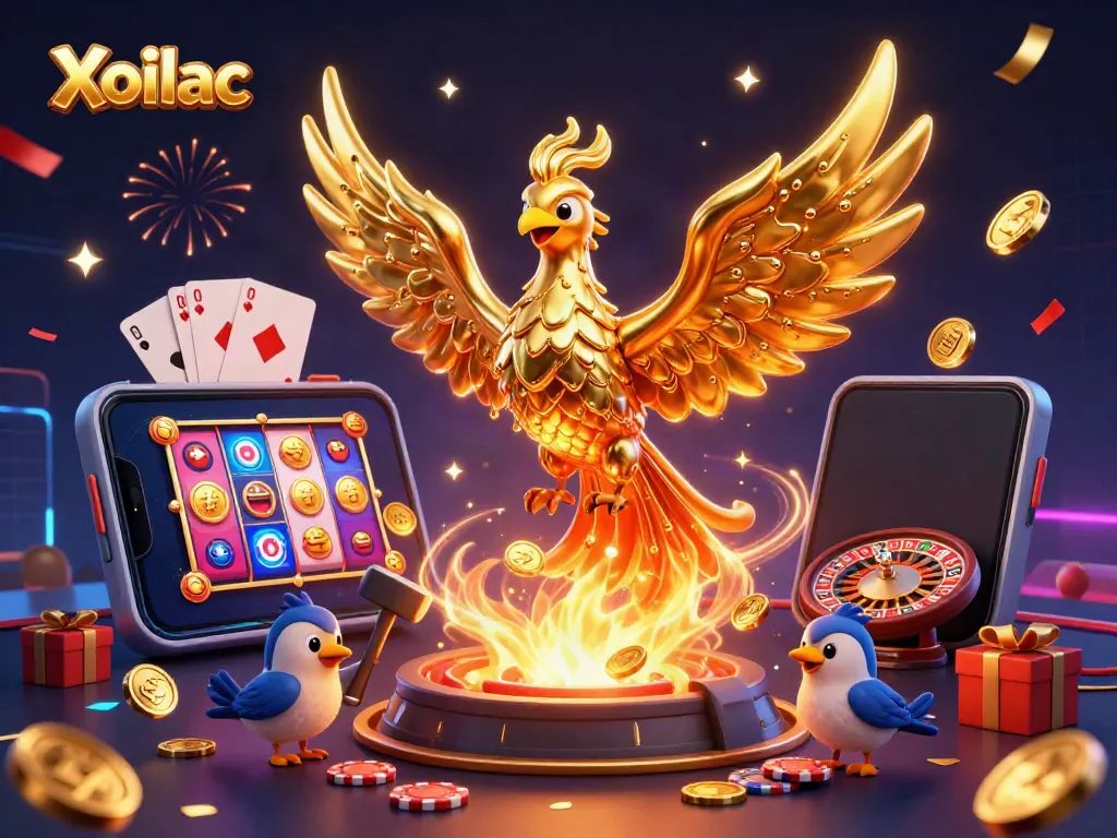 Xoilac features a molten golden phoenix casino scene, showcasing thrilling game elements and vibrant celebrations.