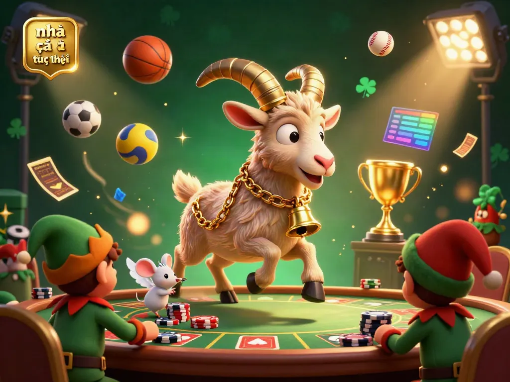 Engaging illustration of nhà cái trực tuyến with Krampus goat, angel mouse, and gremlin action in a casino.