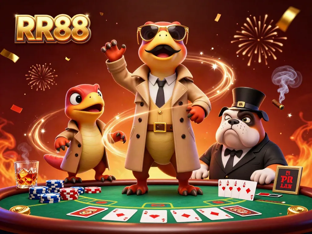 Raptors dressed as a person attempting entry into RR88 VIP casino lounge with poker chips and confetti.