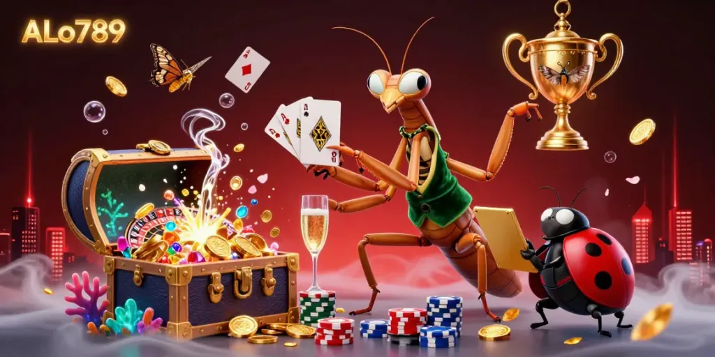 Engage with ALo789's unique 3D casino experience featuring various gambling elements, including roulette and sports themes.