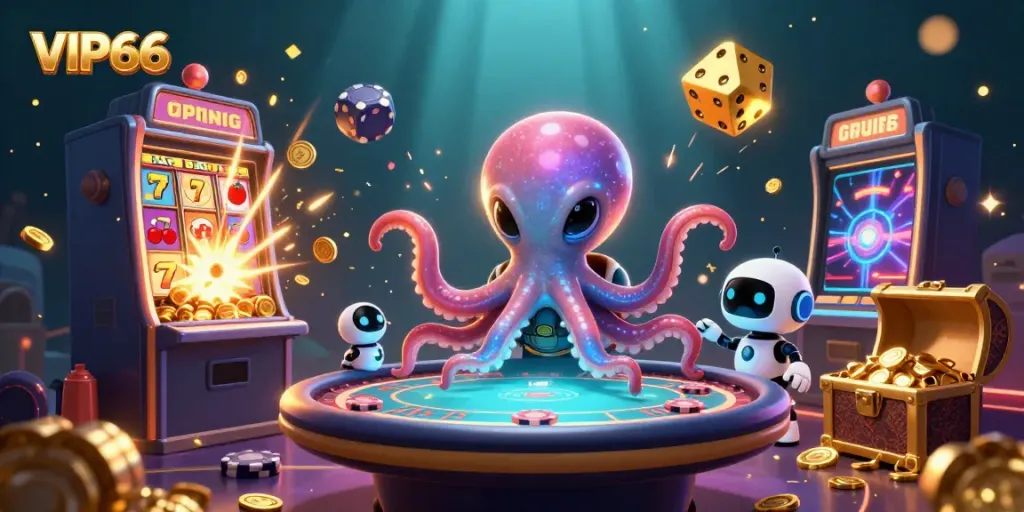 Experience the excitement of VIP66's vibrant casino universe with an alien octopus and thrilling elements from games.
