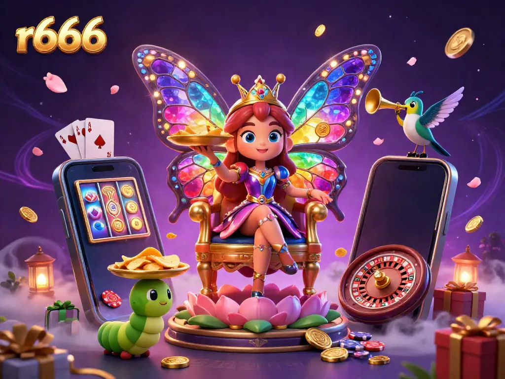 Experience r666 thrilling gameplay with a 3D butterfly queen amidst colorful casino elements.