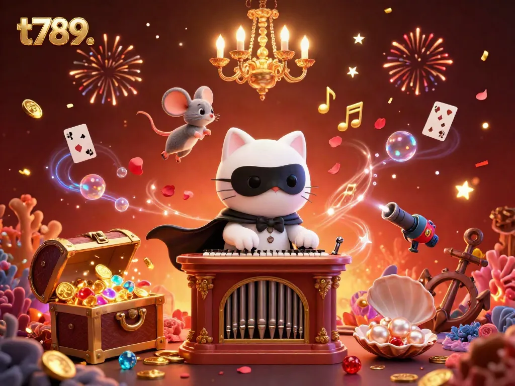 Experience the thrilling world of t789, where a casino-playing cat and its acrobat mouse celebrate amidst a sea of treasures and excitement.