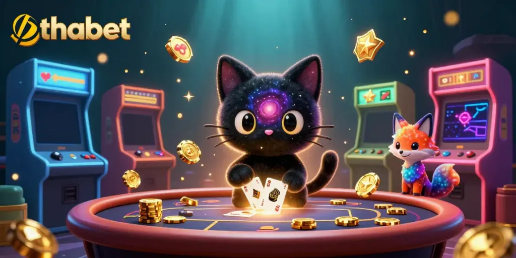 Engage with thabet's captivating casino experience through an immersive cosmic gaming scene.