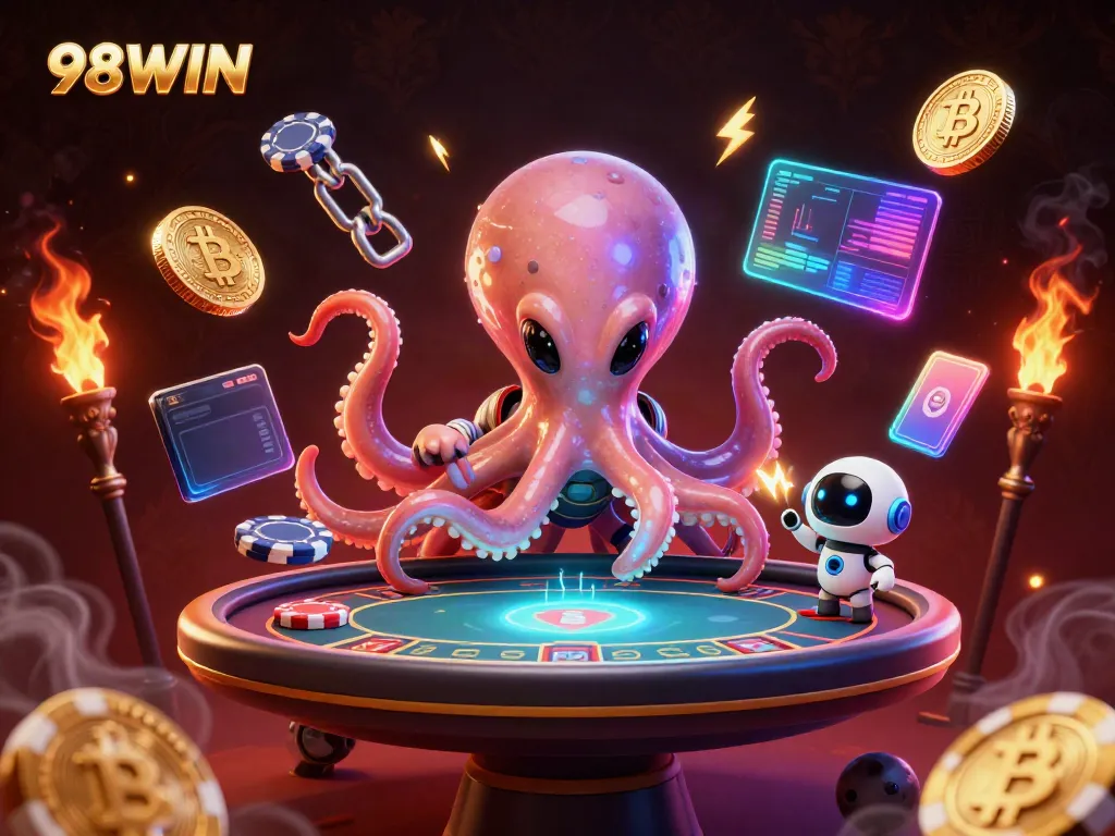 Experience vibrant casino action with 98WIN, featuring an alien octopus and holographic poker table.