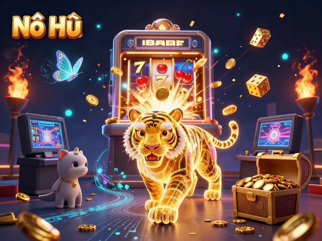 Experience the excitement of Nổ Hũ casino with a radiant golden tiger and jackpot illustrations representing thrilling gameplay.