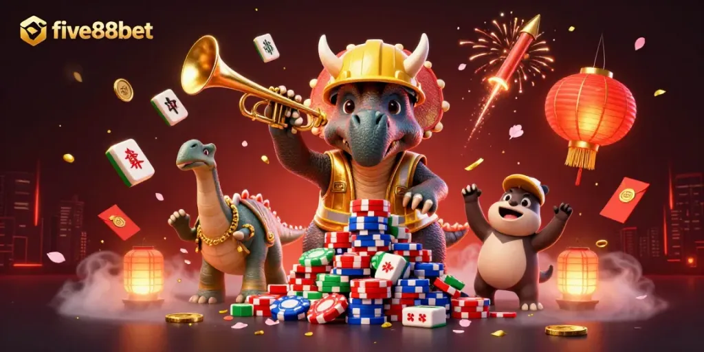 Engage in exciting gameplay with five88bet, celebrating wins and stacking poker chips in a vibrant casino scene.