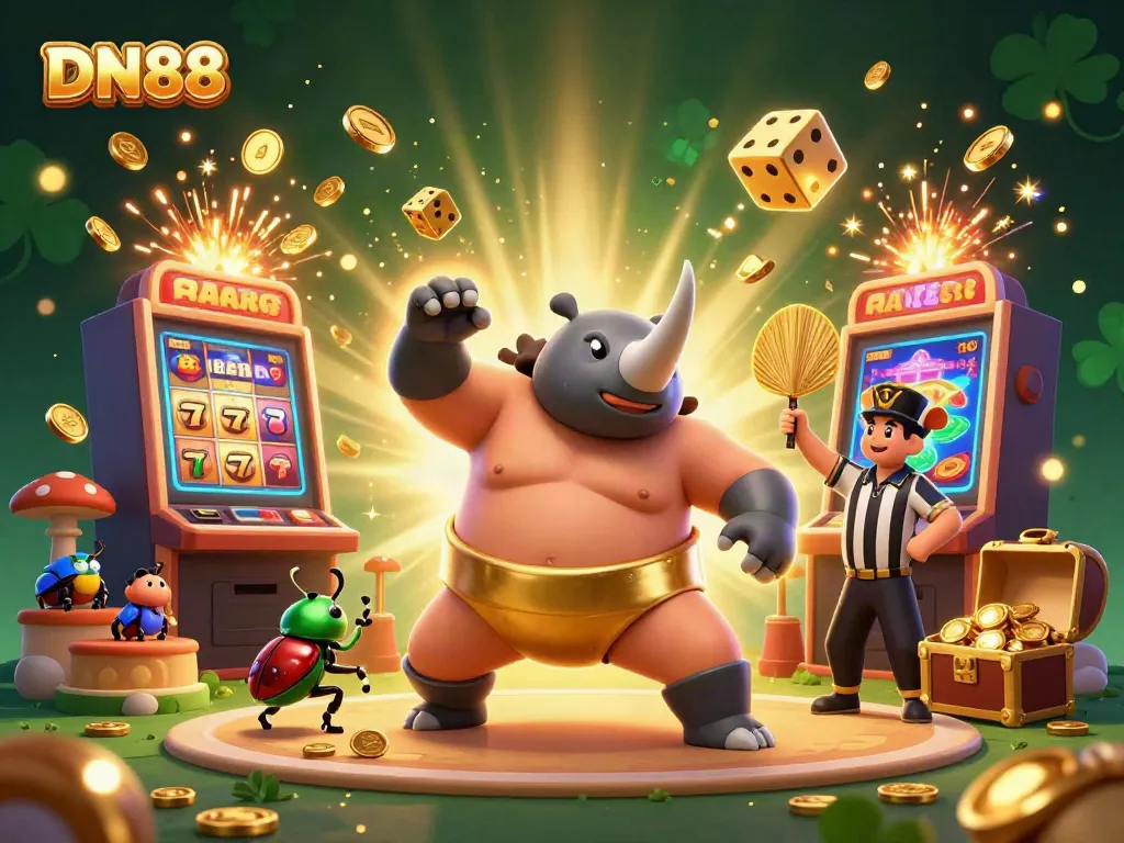 Watch the DN88 champion beetle as it stomps coins into the air while a referee cricket oversees vibrant casino activity.