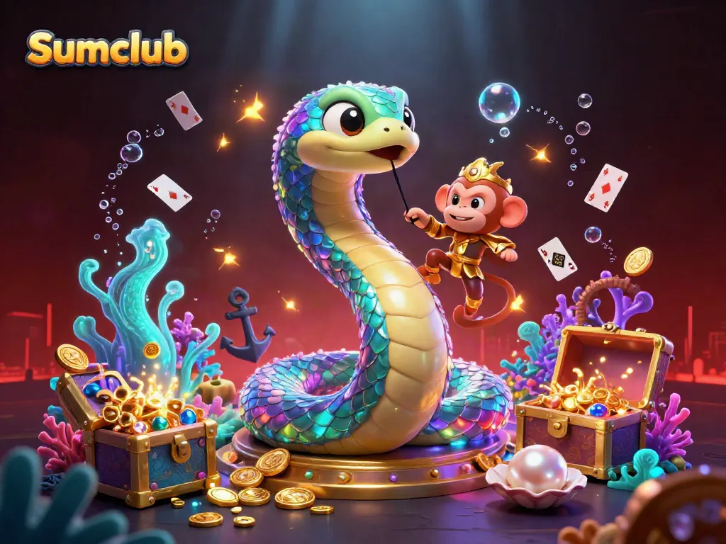 Sumclub's vibrant casino scene features a colorful rainbow serpent and a playful monkey king amidst treasure and playing cards.