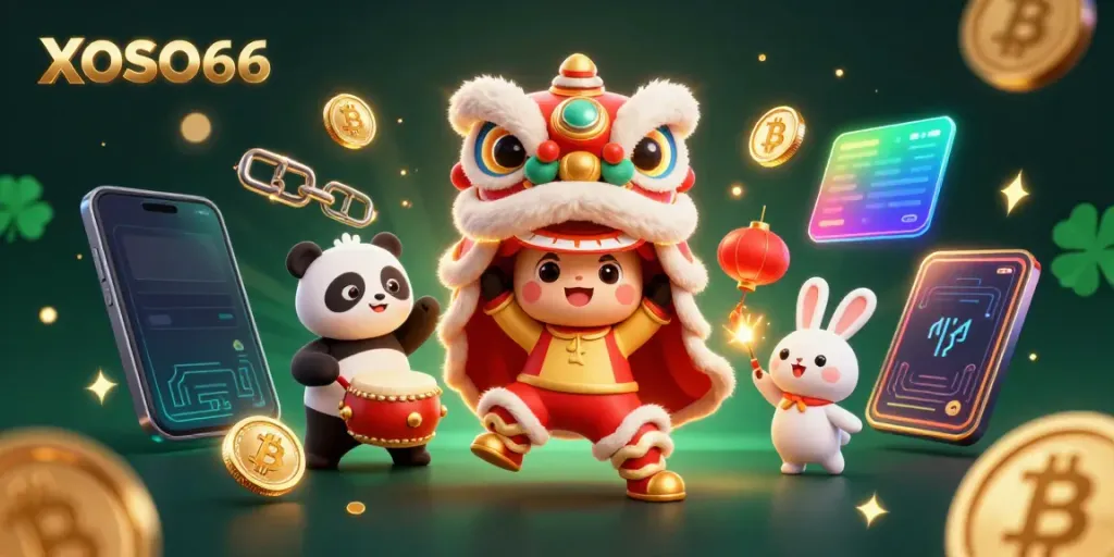 Experience the excitement of XOSO66 with a vibrant lion dance, crypto elements, and dynamic casino flair.