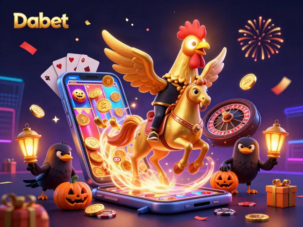 Dabet enhances gaming excitement with a vibrant 3D rooster rider casino scene filled with celebrations.