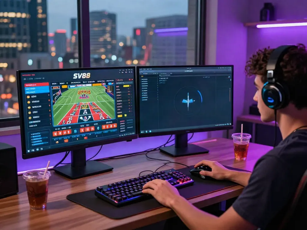 Dynamic SV88 online gaming scene with user engaged in sports betting.