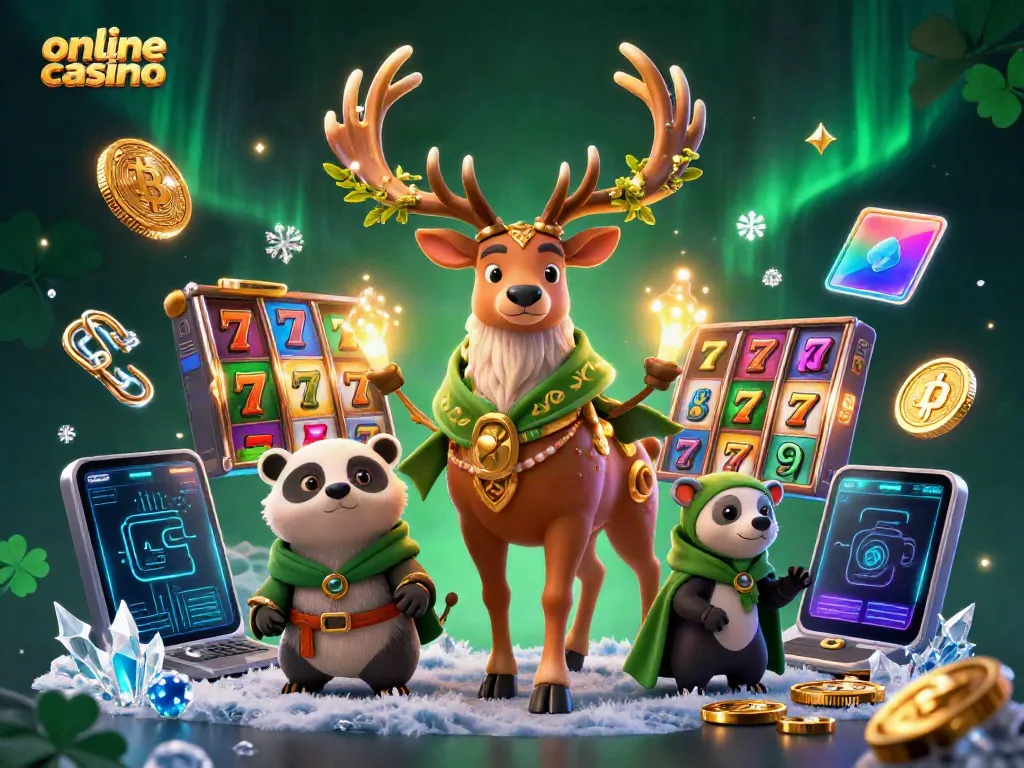 Experience the magic of an online casino with glowing coins and vibrant slot symbols.