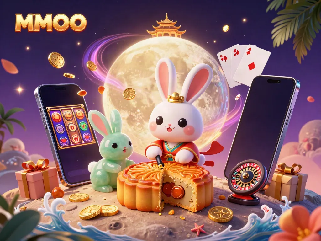 Engage in the vibrant casino-themed world of MMOO, featuring a moon rabbit and jade companion revealing poker chips.