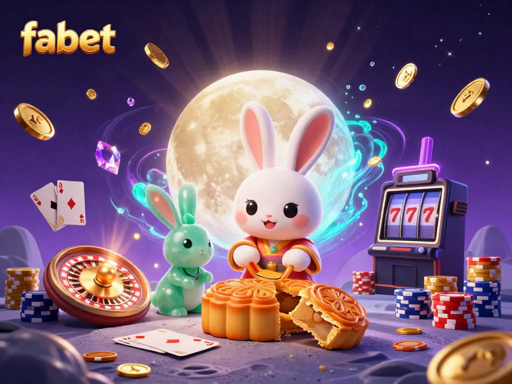 Experience fabet's magical casino atmosphere with a moon rabbit, poker chips, and dynamic gaming elements.