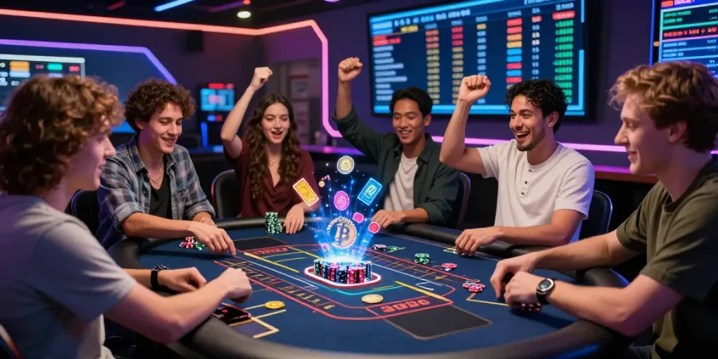 Exciting Bitcoin casino atmosphere with players engaging in interactive crypto games and vibrant digital displays.
