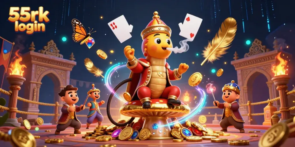 Experience the excitement of 55rk login with vibrant 3D characters and casino elements in action.