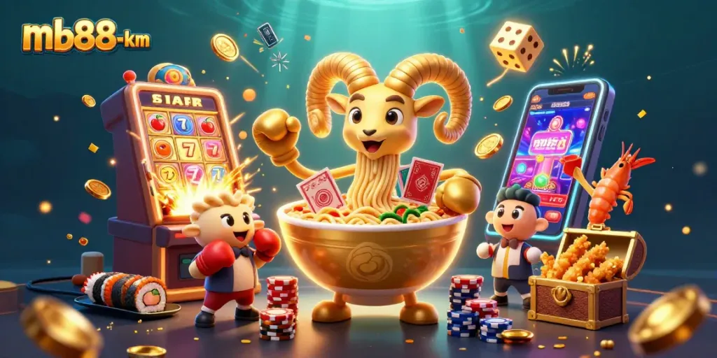 Engage in vibrant gameplay with mb88-km as giant ramen bowl deals cards amidst a jackpot explosion.