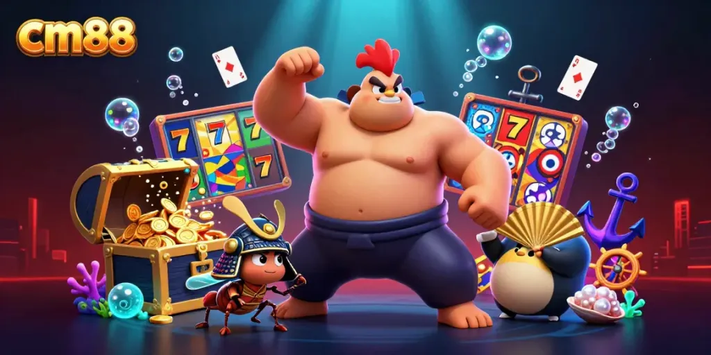 Experience cm88 excitement with a dynamic scene featuring a powerful sumo rooster and slot symbols.