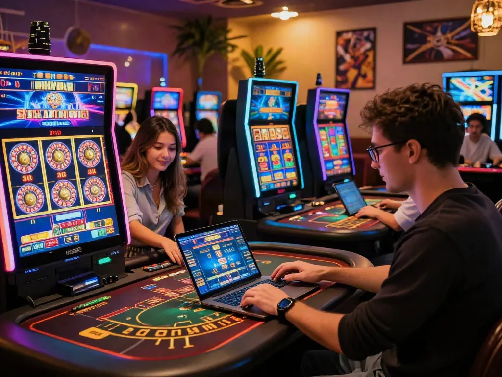 Exciting gaming atmosphere at 666Gambit Casino with players enjoying slots and live dealer games.