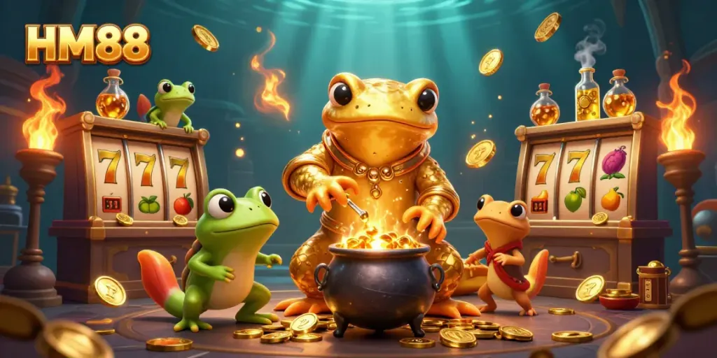 Experience the thrill of HM88 with a vibrant 3D illustration of a golden salamander alchemist amidst casino elements.