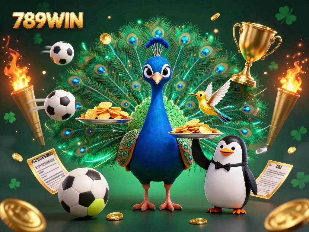 Exciting 789WIN scene showcases a peacock and penguin celebrating with casino elements and dynamic sports themes.