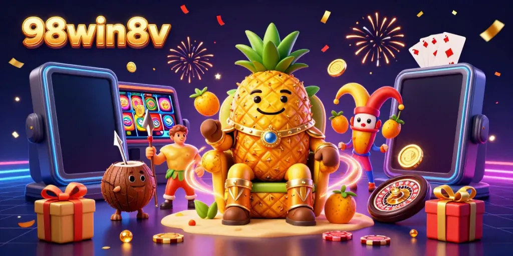 Experience the thrill of 98win8v with vibrant casino elements and a golden pineapple king at a beach casino.