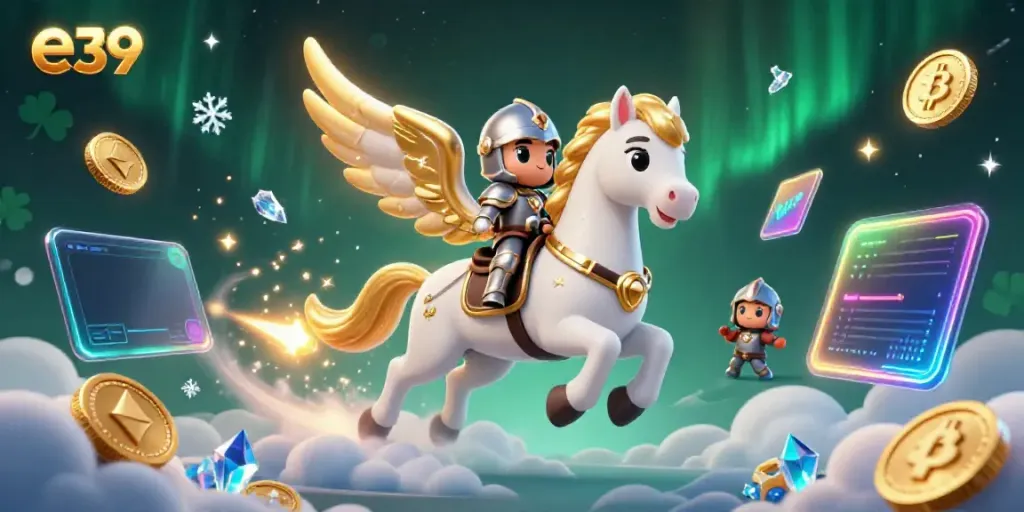Win big with e39 in a vibrant 3D casino scene featuring a heroic knight and glowing crypto elements.