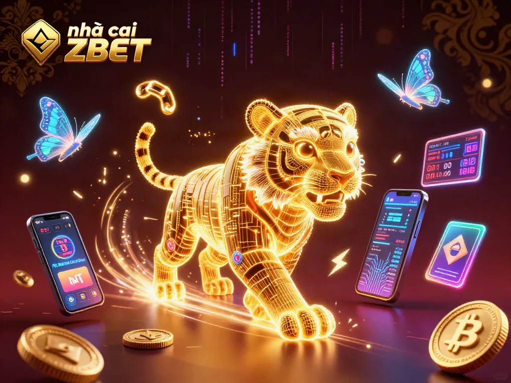 Engage with the thrilling world of nhà cái ZBET, featuring a tiger and holographic butterflies in a vibrant casino