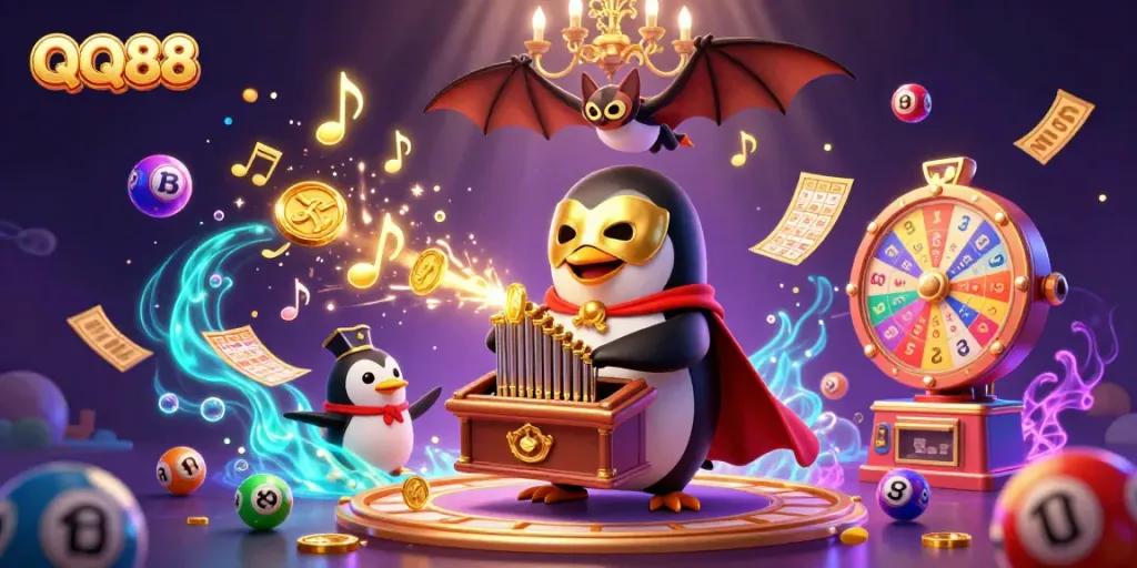 Engage with QQ88's vibrant casino scene as a penguin plays an organ amidst a flurry of lottery elements.