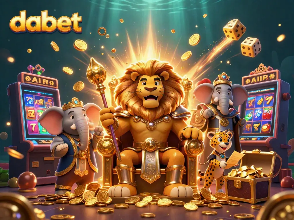 Experience a vibrant gaming world with dabet's majestic lion king surrounded by casino elements.