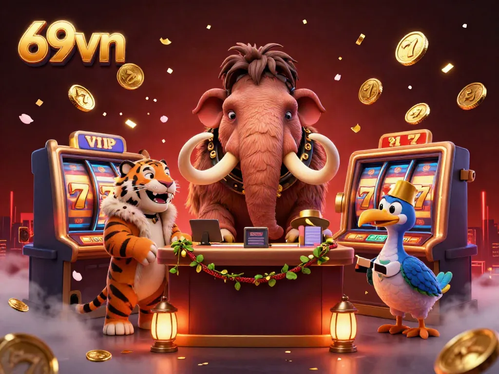 Engage with 69vn's dynamic casino scene featuring a mammoth bouncer and glamorous guests among lucky symbols.