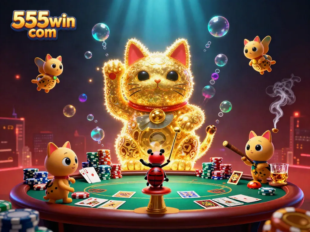 Experience a vibrant casino atmosphere with the golden lucky cat at 555win com, surrounded by poker excitement.