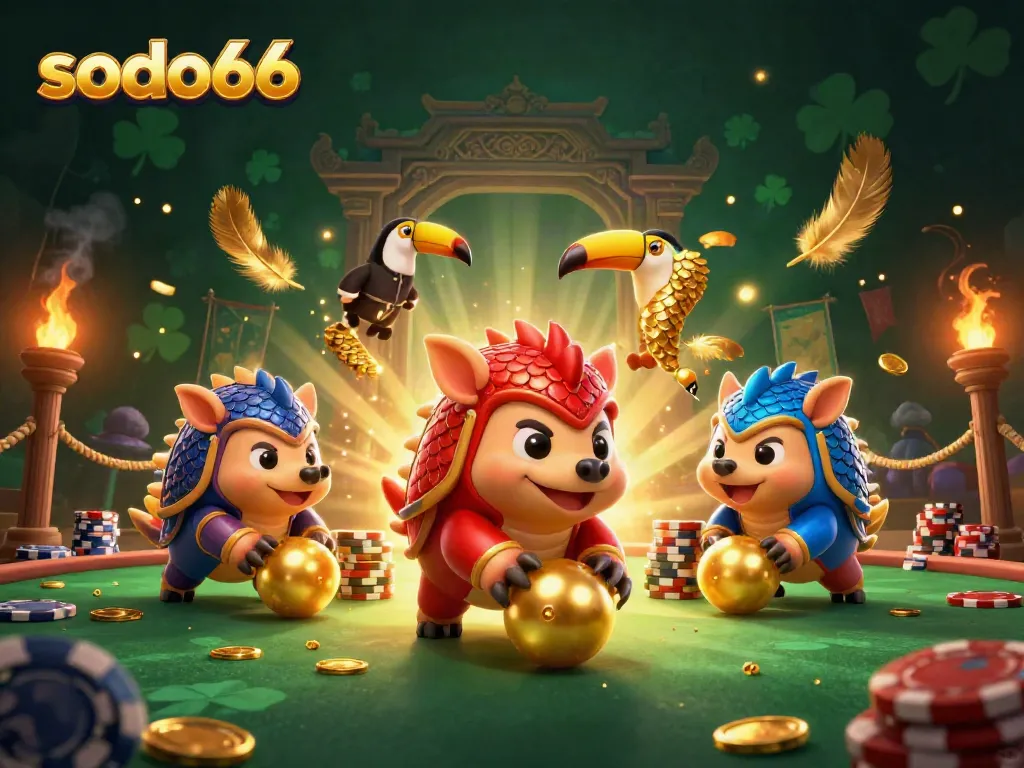 SODO66 captures excitement with rival pangolins bowling through poker chips, a toucan referee, and festive effects.