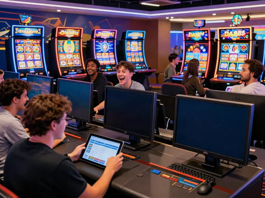 Exciting online casino gaming scene at DA88 with players enjoying diverse games, showcasing vibrant digital interfaces and modern technology.