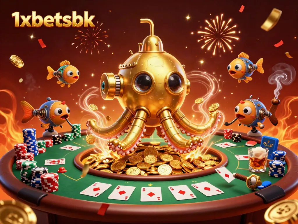 Engage with exciting 1xbetsbk online gambling, featuring lavish casino elements and a striking golden kraken.