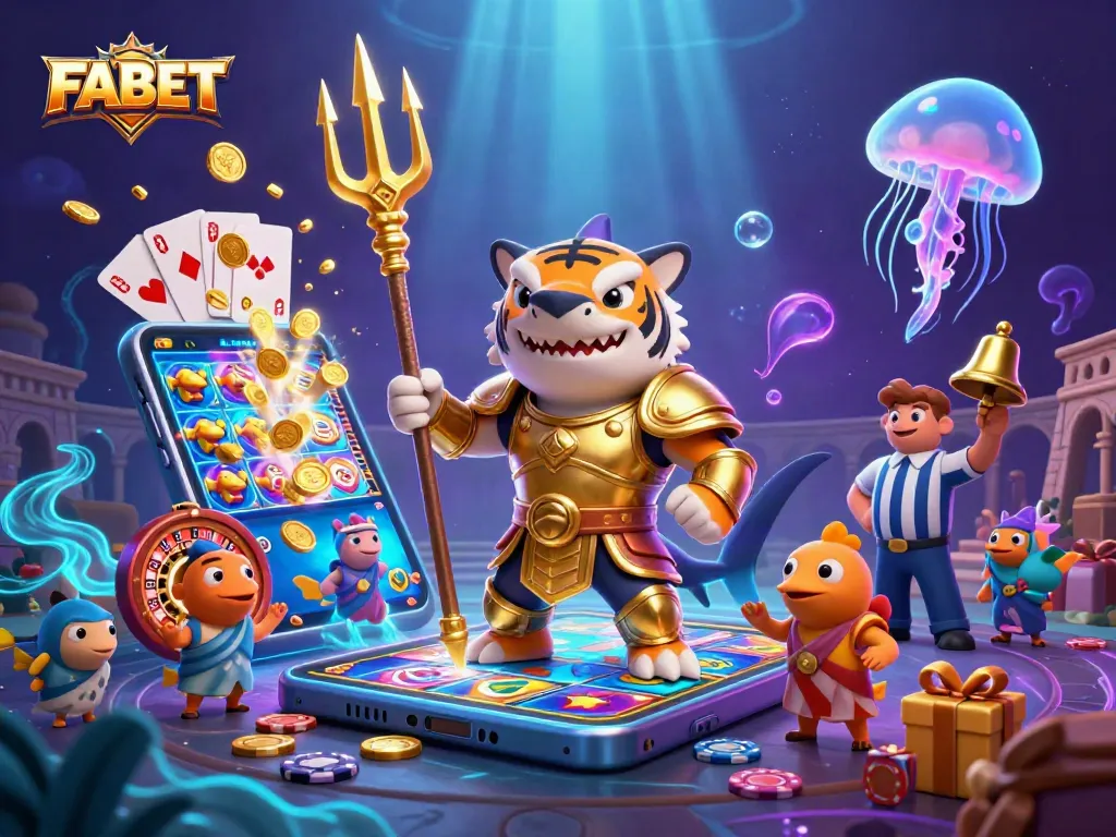 Experience thrilling betting action at FABET with vibrant illustrations of casino excitement and rewards.