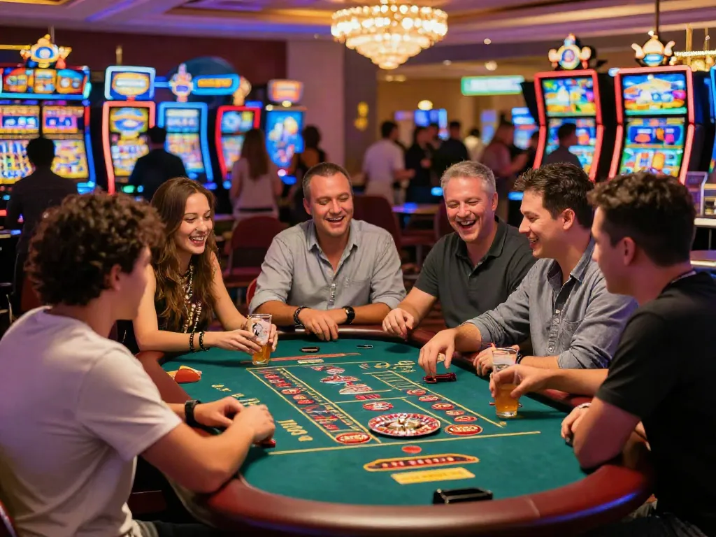 Exciting casino bonus sans depot scene with players enjoying a lively roulette game in vibrant casino atmosphere.