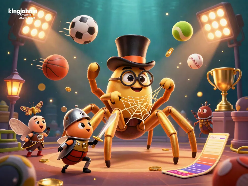 Engage with kingjohnnie casino online craps in a vibrant 3D illustration featuring a giant golden tarantula and a brave beetle knight.