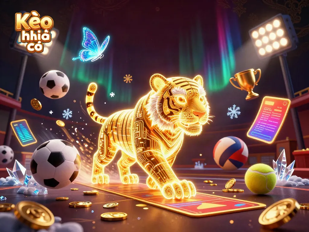 Kèo nhà cái strategies visualization with an energetic golden tiger and sports elements in a vibrant digital casino