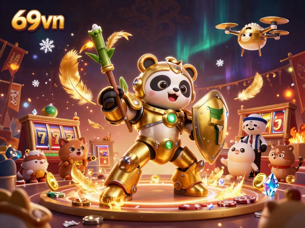 Experience the excitement at 69vn with this dynamic casino-themed scene featuring a golden panda in a mech-suit.