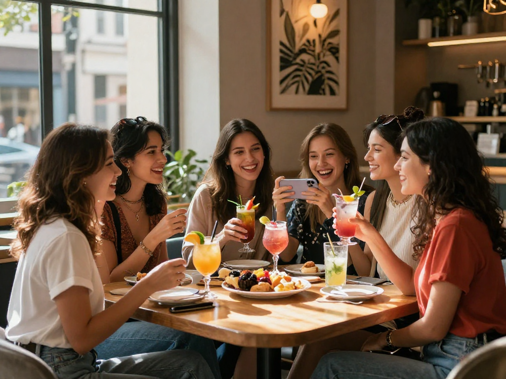 Nhóm phụ nữ trẻ tuổi vui vẻ trong quán cà phê, trải nghiệm gái gọi phong cách hiện đại.