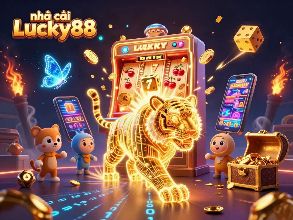 Experience the excitement at nhà cái Lucky88 with vibrant colors and dynamic casino elements in a captivating digital illustration.