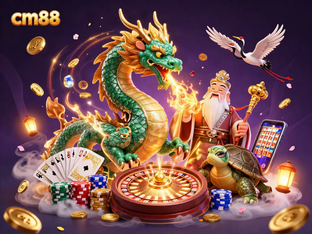 Experience cm88 gaming adventures with an emerald jade dragon, lucky symbols, and casino excitement.