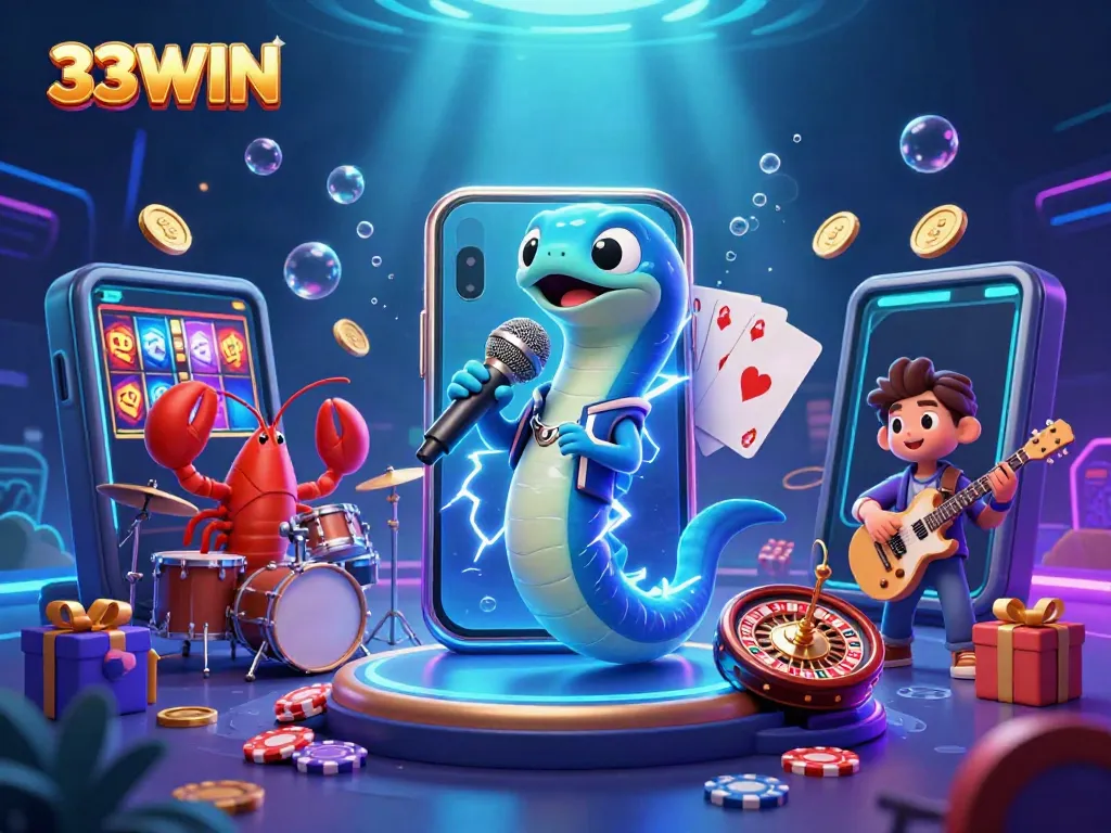 Experience the excitement of 33WIN with an electric eel DJ, lively underwater casino scene, and dynamic gaming elements.