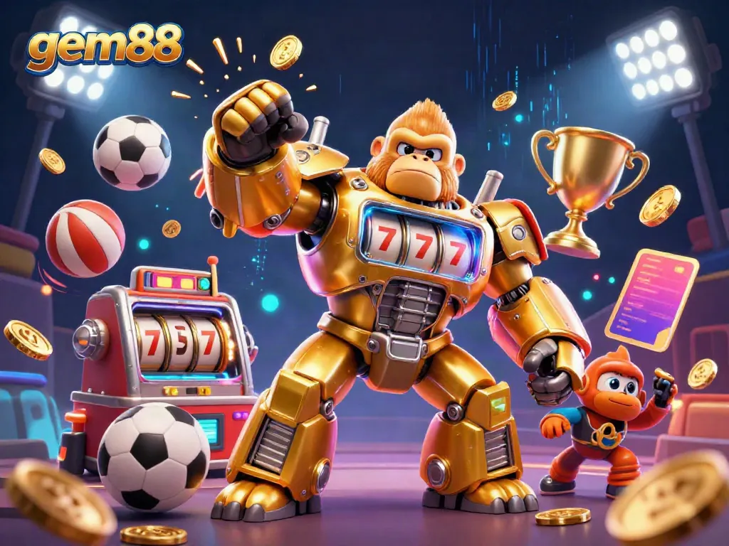 Engage with the exciting world of gem88 through a dynamic 3D casino adventure featuring a golden mech and vibrant sports elements.