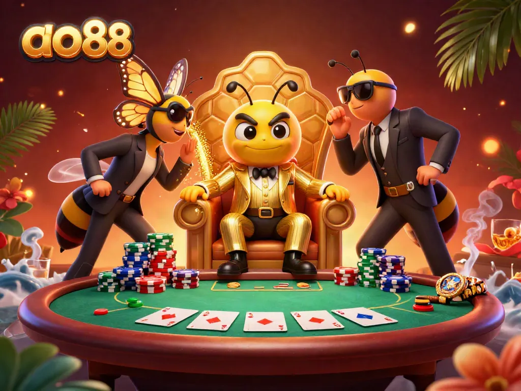 Engage in high-stakes poker at AO88’s vibrant online casino featuring a charming cartoon scene.