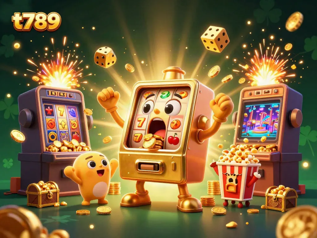 T789 golden slot machine spills coins with joyful baby machines in a vibrant casino setting.