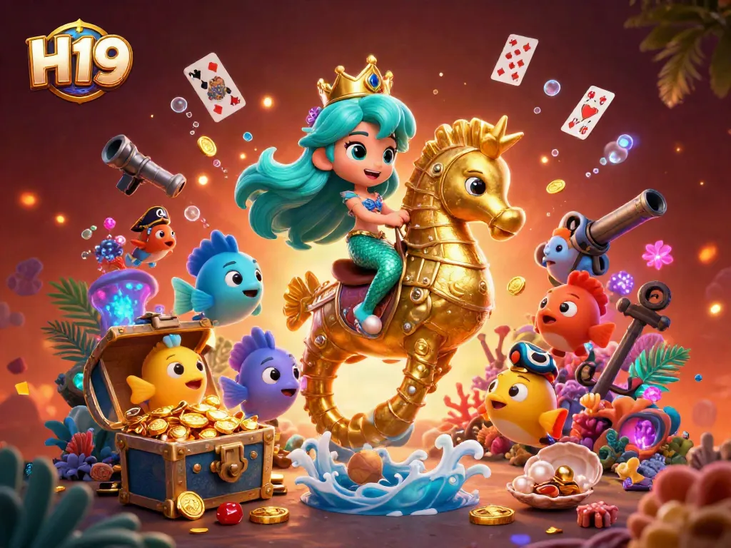 Experience thrilling gaming at H19 with a vibrant underwater scene featuring a mermaid princess and treasures.